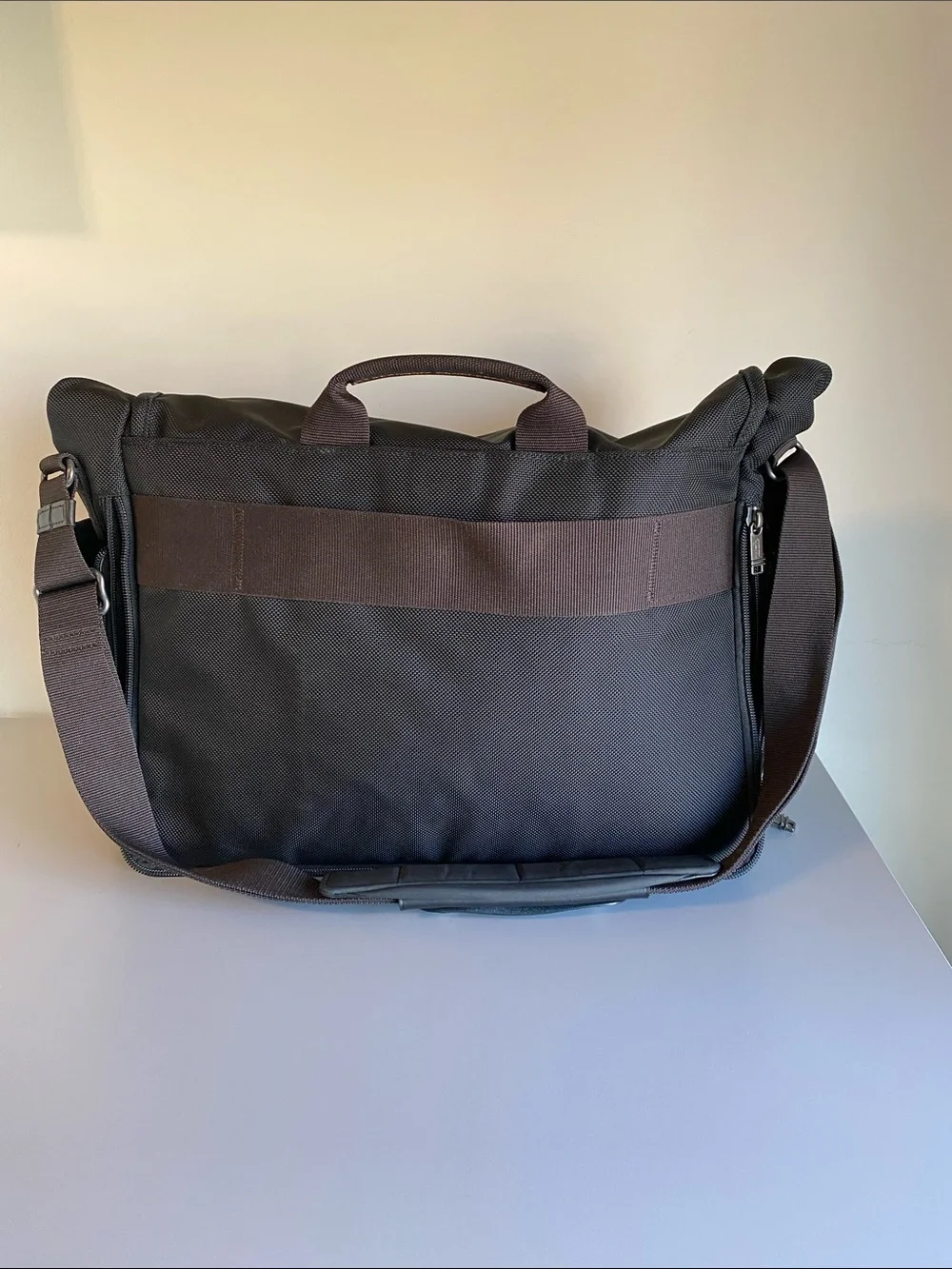 Tumi Black Nylon Messenger Bag with Brown Trim